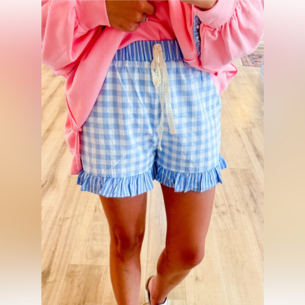 Blue Gingham Ruffle-Trim Shorts